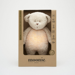 MOONIE ORGANIC 2.0: Приятелче за спокоен сън от органичен памук с нощна лампа и успокояващи звуци - МЕЧО "SAND"